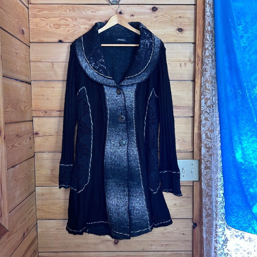 Wool Mohair Duster Cardigan Women Large Black Lace Whimsigoth Papa Vancouver - Picture 6 of 12